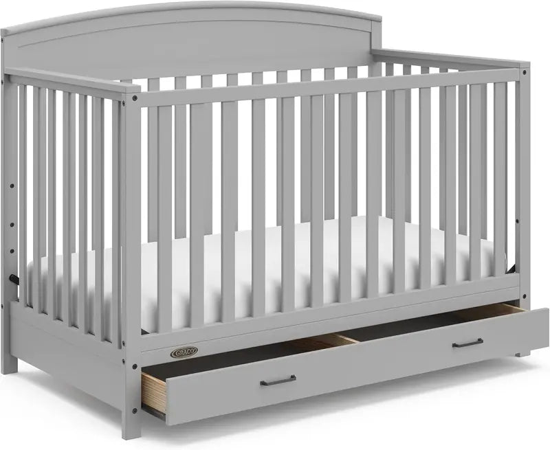 Convertible 5-in-1 Baby Bed in White  GreenGuard Gold Certified with Built-In Storage, Adapts to Toddler, Day & Full-Size Beds