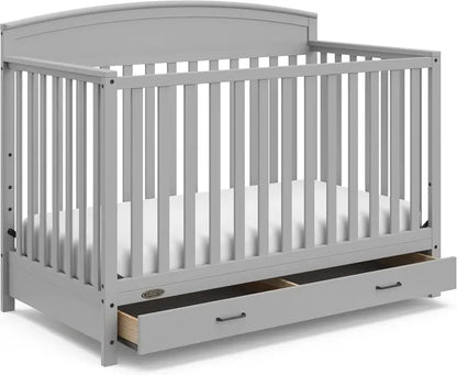 Convertible 5-in-1 Baby Bed in White  GreenGuard Gold Certified with Built-In Storage, Adapts to Toddler, Day & Full-Size Beds
