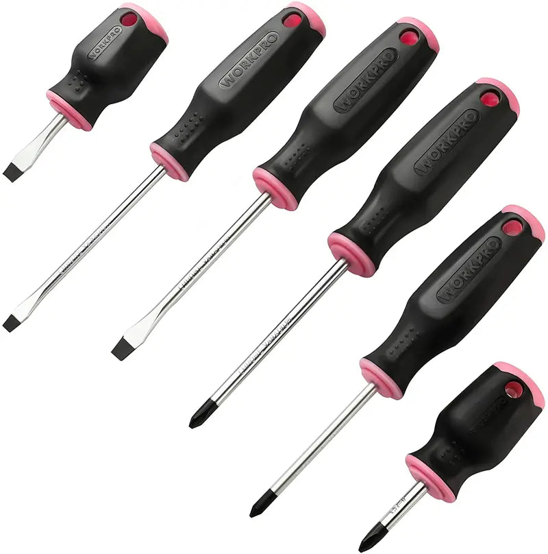 WORKPRO Pink Magnetic Screwdriver Set  6-Piece (3 Slotted + 3 Phillips), Ergonomic Stubby Design, Cr-V Shafts
