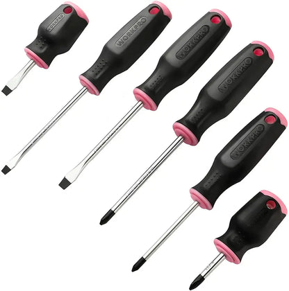 WORKPRO Pink Magnetic Screwdriver Set  6-Piece (3 Slotted + 3 Phillips), Ergonomic Stubby Design, Cr-V Shafts