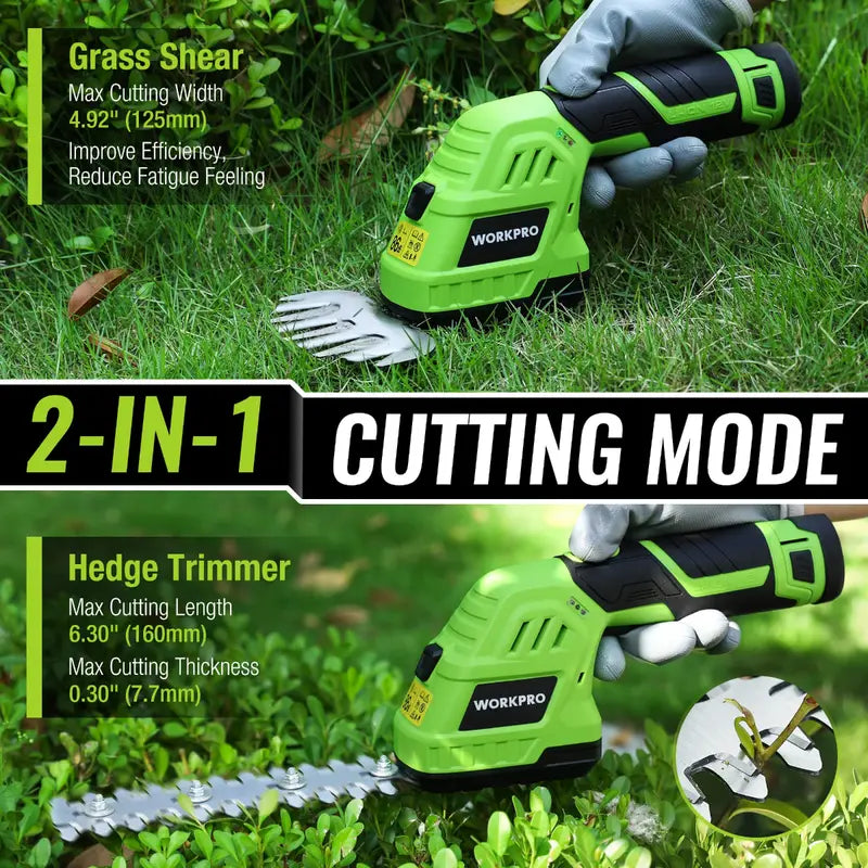 WORKPRO 12V Cordless 2-in-1 Grass & Hedge Trimmer  Includes 2.0Ah Battery + 1-Hour Fast Charger