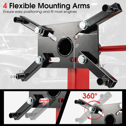 Precision Engine Stand  750 lb Motor Lift with 360° Rotation, Adjustable Arms & Mobility Wheels