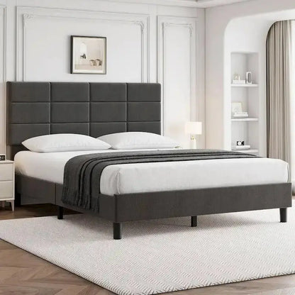 Linen-Finished Platform Bed Frame with Solid Wood Slats and Supportive Base