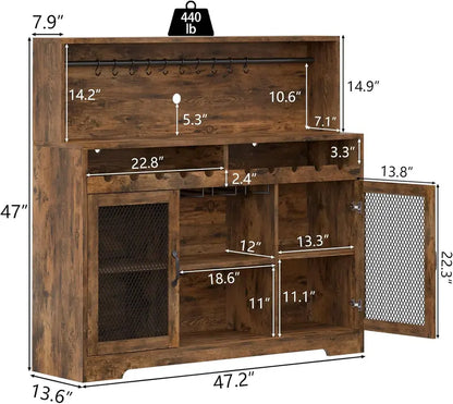 LED-Lit Wine & Liquor Bar Cabinet  Glass Shelving, Coffee Station Design, Integrated Lighting