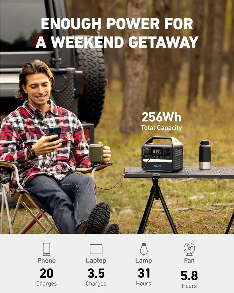 Anker 521 Portable Power Station 256Wh, LiFePO4 Battery, 600W Output, USB-C, 6 Ports, Durable Design