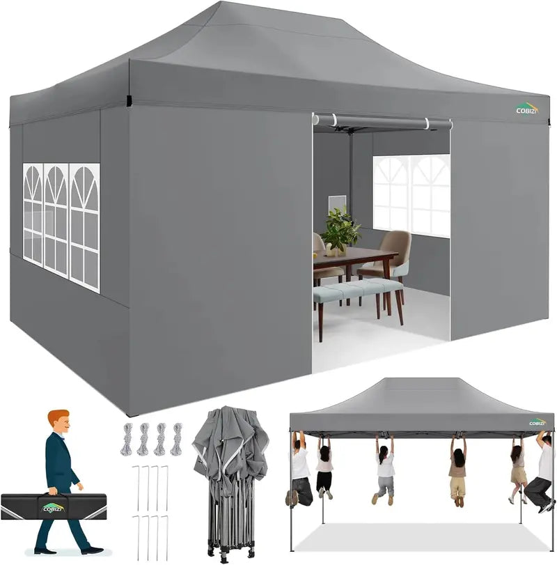 COBIZI Heavy-Duty 10×20 FT Pop-Up Canopy Tent  6 Wind-Resistant Sidewalls, Black Frame, Roller Bag