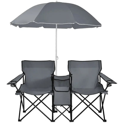Compact Double Picnic Chair Set with Umbrella, Mini Table, Beverage Holders & Carry Bag