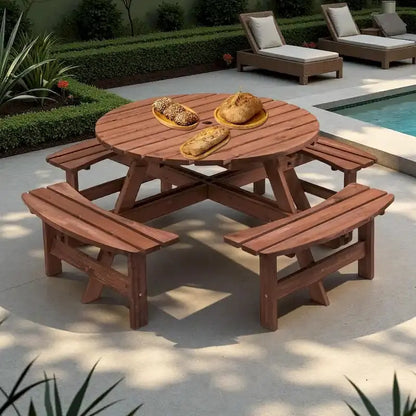 8-Person Fir Wood Picnic Set  Round Patio Table with 4 Built-In Benches & Umbrella Hole