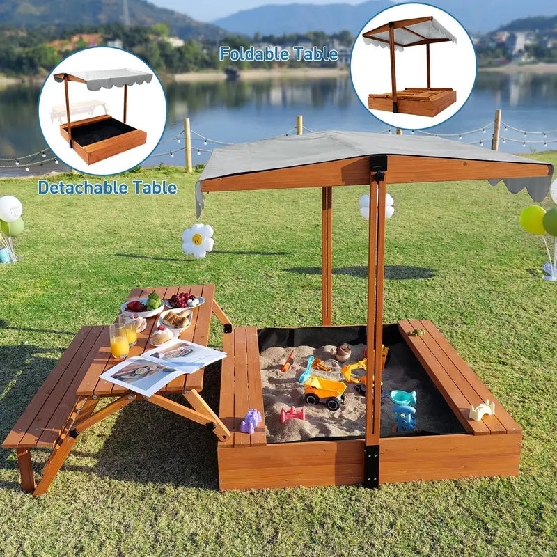 Wooden Outdoor Sandbox with Lid & Picnic Table  Foldable Sandpit with Protective Cover