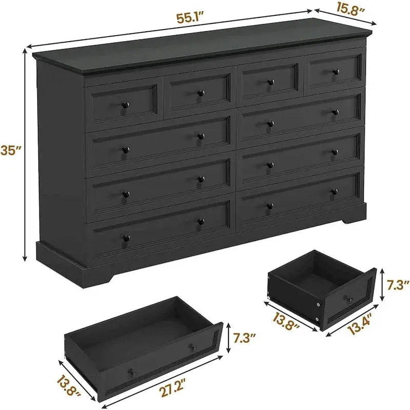 10-Drawer Wooden Dresser  Tall Chest of Drawers with Ample Storage Capacity