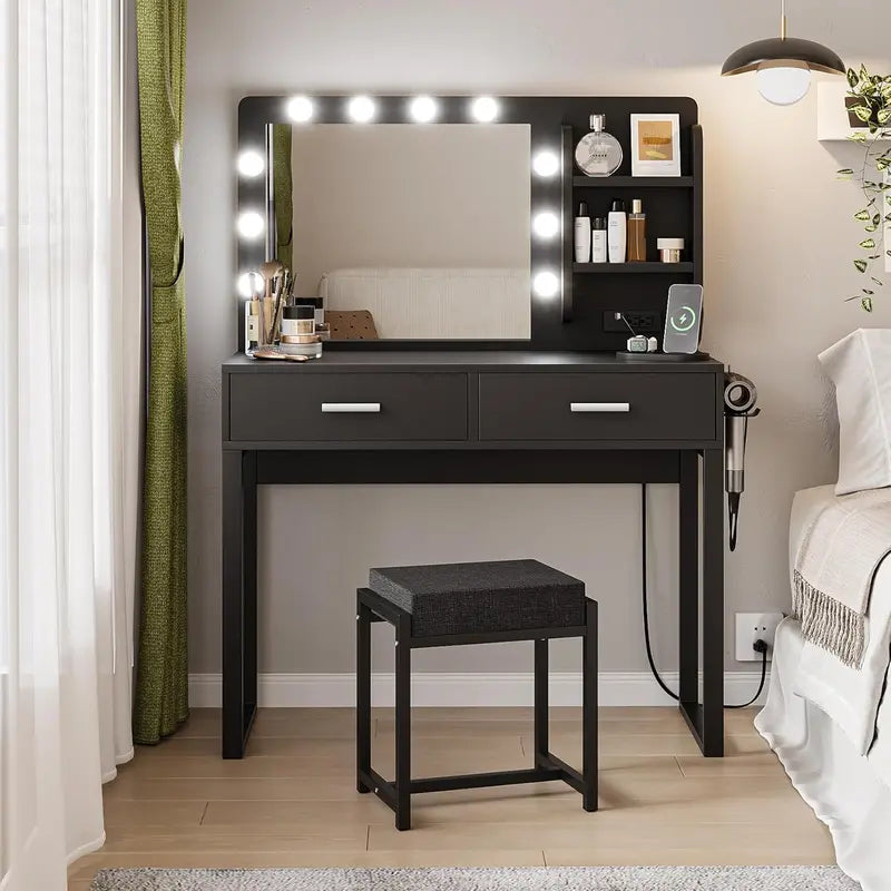 White LED Vanity Desk  39.4-Inch Makeup Table with Mirror, 10 Lights, Power Strip & Stool Included