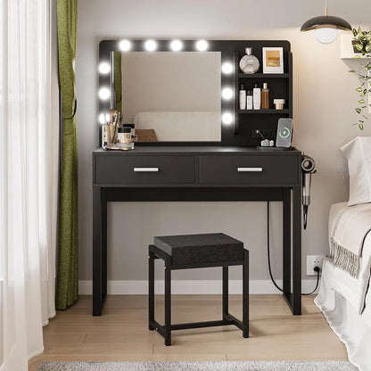 White LED Vanity Desk  39.4-Inch Makeup Table with Mirror, 10 Lights, Power Strip & Stool Included