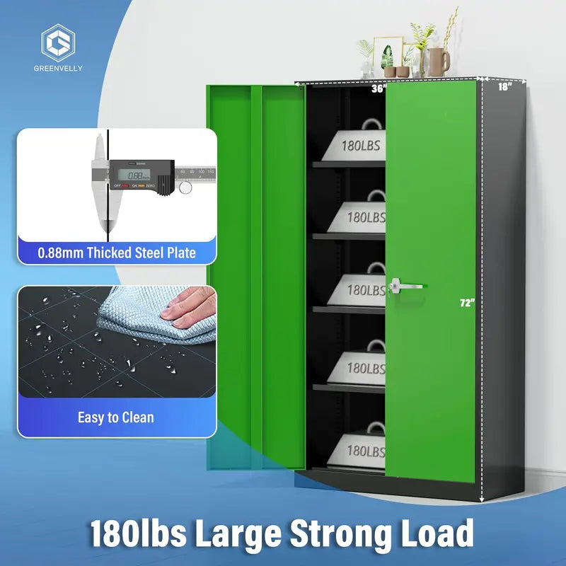 Greenvelly 72-Inch Locking Metal Storage Cabinet — 2-Door Garage or Office Organizer with Adjustable Shelves