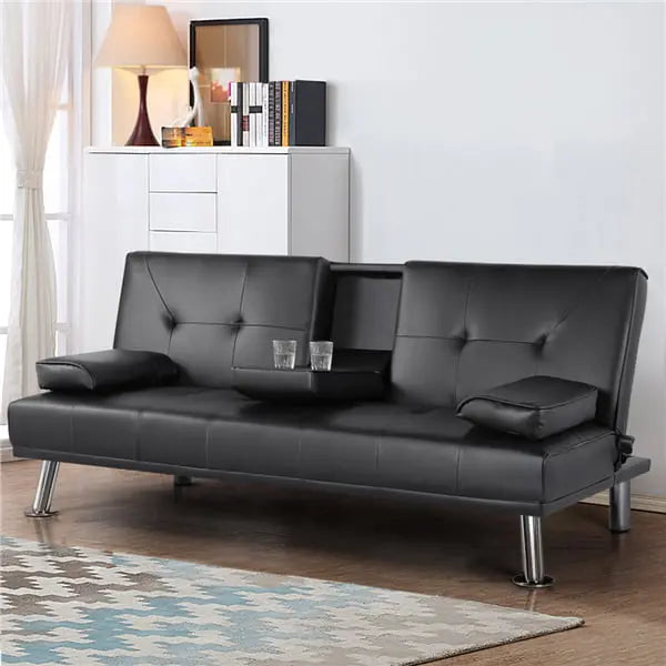 Alden Design Modern Faux Leather Reclining Futon with Cupholders and Pillows, Multiple Colors