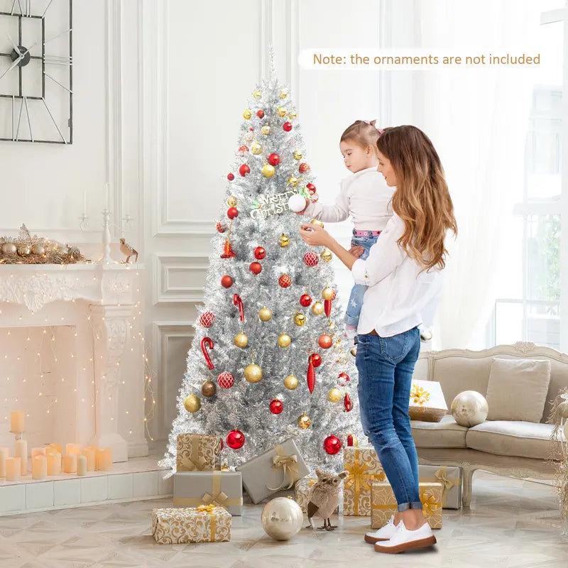 6-Foot Silver Pencil Christmas Tree  Electroplated Tinsel Finish with Pre-Installed Lights