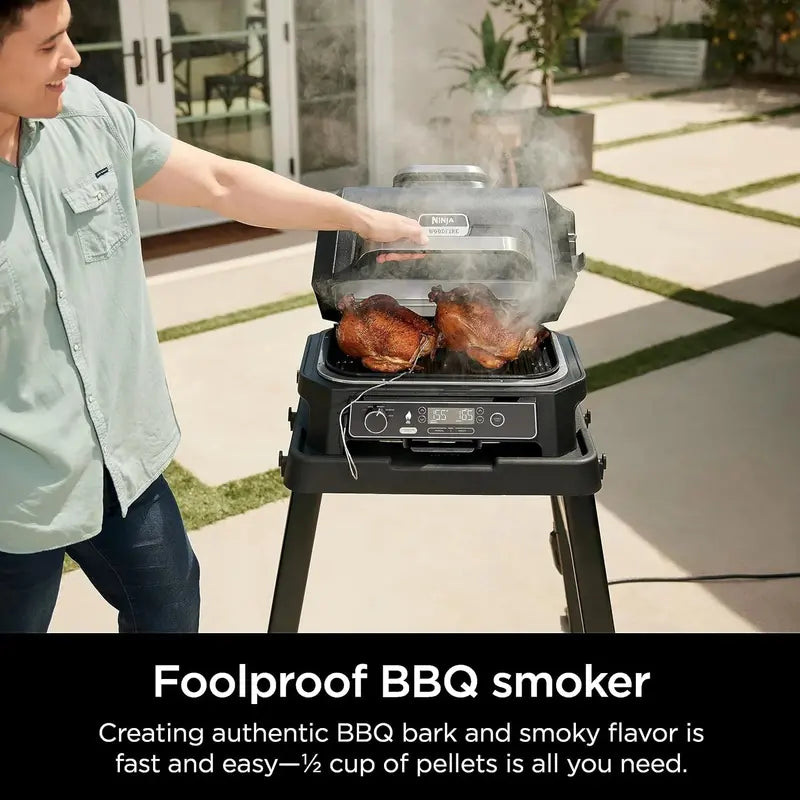 7-in-1 Portable Electric Grill & Smoker: Air Fryer, BBQ, Bake, Roast, Broil + Built-in Thermometer (Grey)