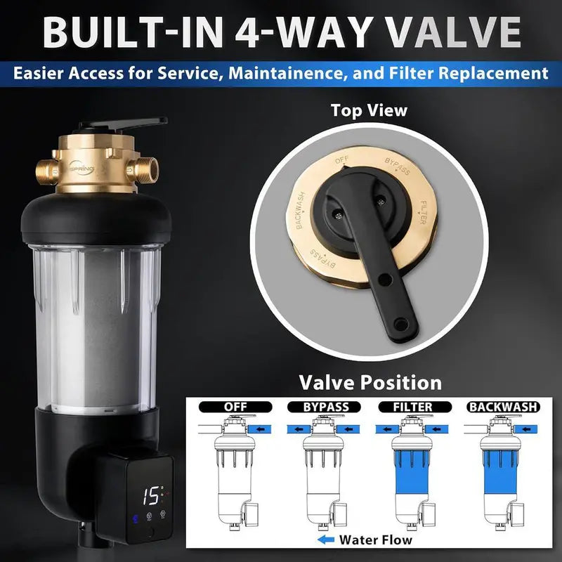 WSP200ARJ-BP Reusable Spin-Down Whole House Water Filter with Touch-Screen Auto Flushing & Bypass, Black