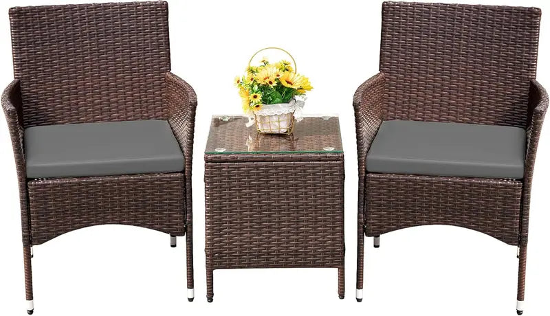 Devoko 3-Piece PE Rattan Patio Set  Brown and Beige Wicker Chairs with Matching Outdoor Table