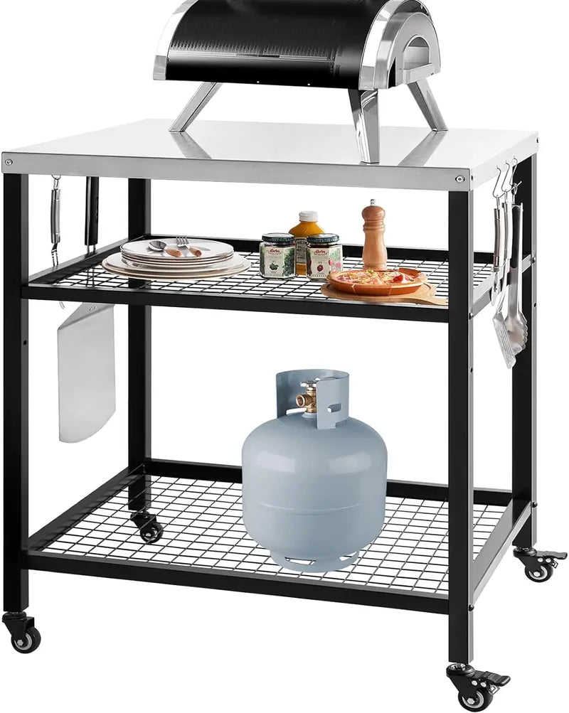 Heavy-Duty Stainless Steel Outdoor Grill Cart  3-Shelf Mobile Pizza Oven Stand with Wheels (31.5″ x 24″ x 35.5″)
