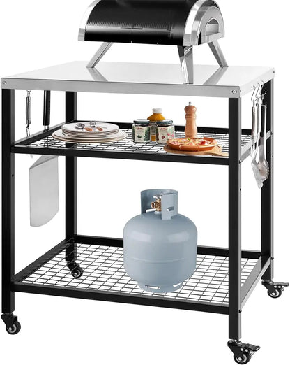Heavy-Duty Stainless Steel Outdoor Grill Cart  3-Shelf Mobile Pizza Oven Stand with Wheels (31.5″ x 24″ x 35.5″)