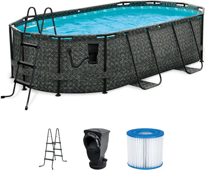Oasis Designer Oval Above-Ground Pool  167″ x 98″ x 39.5″ Premium Frame Pool Set with Accessories in Dark Herringbone Gray