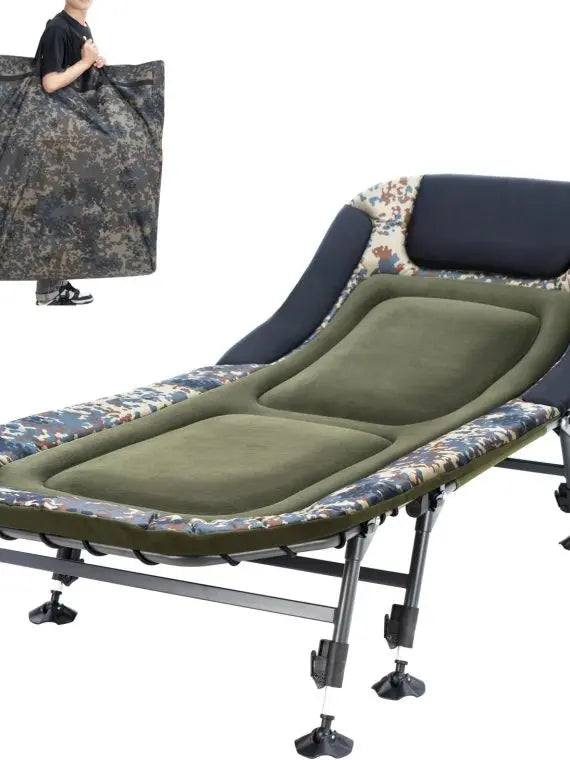 Portable Military Camping Cot for Adults 330lbs  Heavy Duty Folding Bed with Soft Padded Cushion, 180° Adjustable Reclining Outdoor Lounger, Green