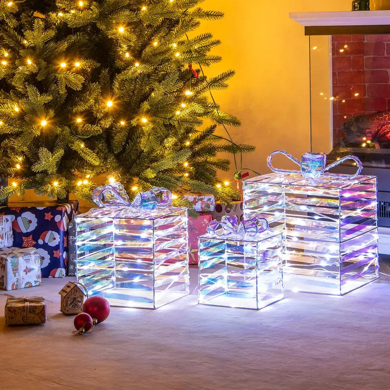 Three-Piece Lighted Gift Box Set — 90 LED-Illuminated Presents with Bows, Zip Ties & Ground Stakes