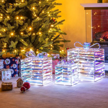 Three-Piece Lighted Gift Box Set — 90 LED-Illuminated Presents with Bows, Zip Ties & Ground Stakes