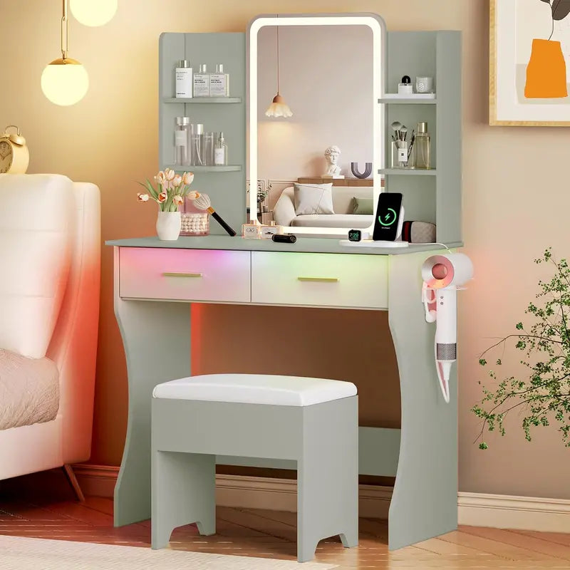 Compact LED Vanity Desk Set with Dimmable Mirror, Power Outlet, and Slim Profile