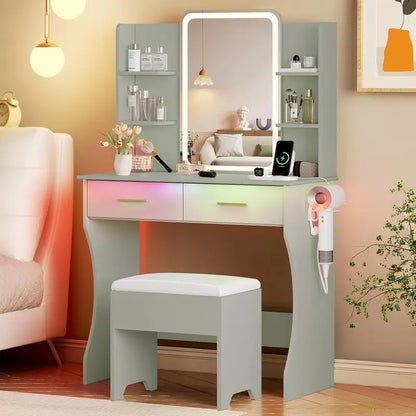 Compact LED Vanity Desk Set with Dimmable Mirror, Power Outlet, and Slim Profile