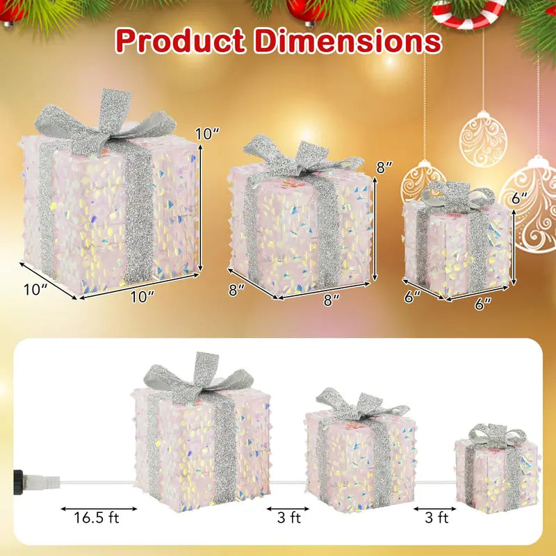 Set of 3 Laser-Finish Lighted Christmas Gift Boxes with Fish-Scale Texture