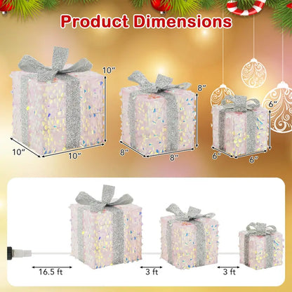 Set of 3 Laser-Finish Lighted Christmas Gift Boxes with Fish-Scale Texture