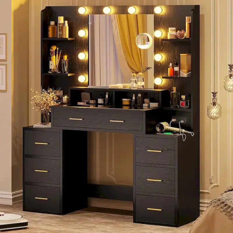 Lighted Makeup Vanity Desk with 10x Magnifying Mirror and Tempered Glass Top