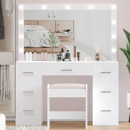 Lighted Vanity Desk Set  Adjustable Brightness Makeup Table with 3-Color LED Mirror & Matching Stool