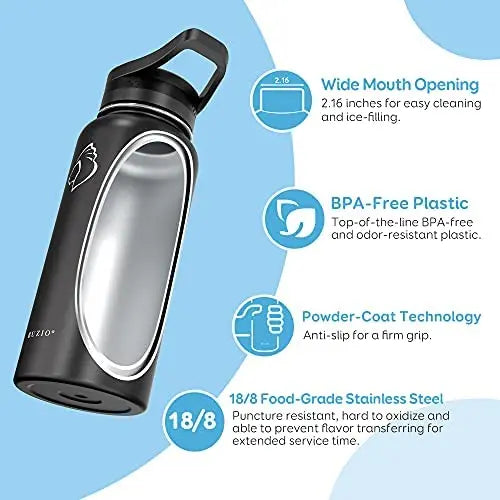 BUZIO 64oz Vacuum Insulated Stainless Steel Water Bottle with Straw & Spout Lids, Leak-Proof, Keeps Drinks Cold 48H/Hot 24H