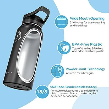 BUZIO 64oz Vacuum Insulated Stainless Steel Water Bottle with Straw & Spout Lids, Leak-Proof, Keeps Drinks Cold 48H/Hot 24H