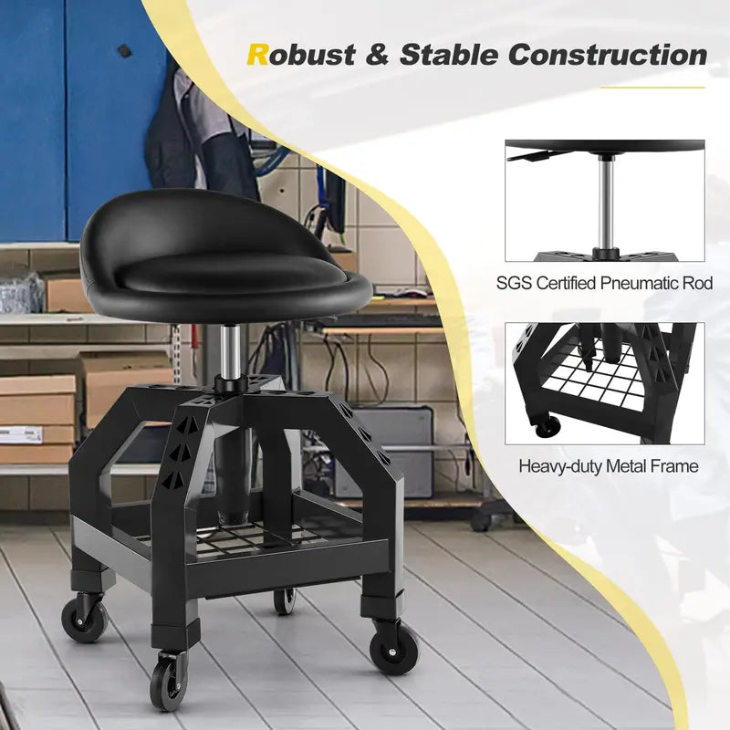 Adjustable Swivel Mechanic Stool with Casters and Built-in Tool Tray