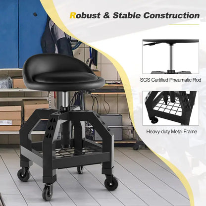 Adjustable Swivel Mechanic Stool with Casters and Built-in Tool Tray