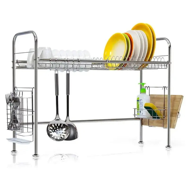Premium Stainless Steel Over-the-Sink 2-Tier Dish Drying Rack with Adjustable Width and Utensil Hooks