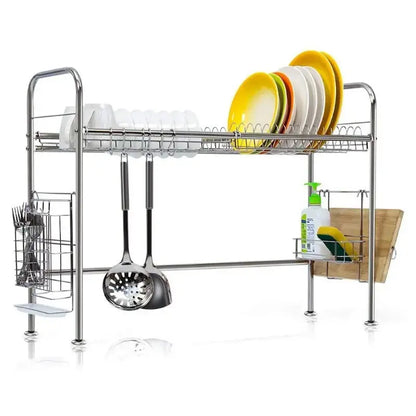 Premium Stainless Steel Over-the-Sink 2-Tier Dish Drying Rack with Adjustable Width and Utensil Hooks