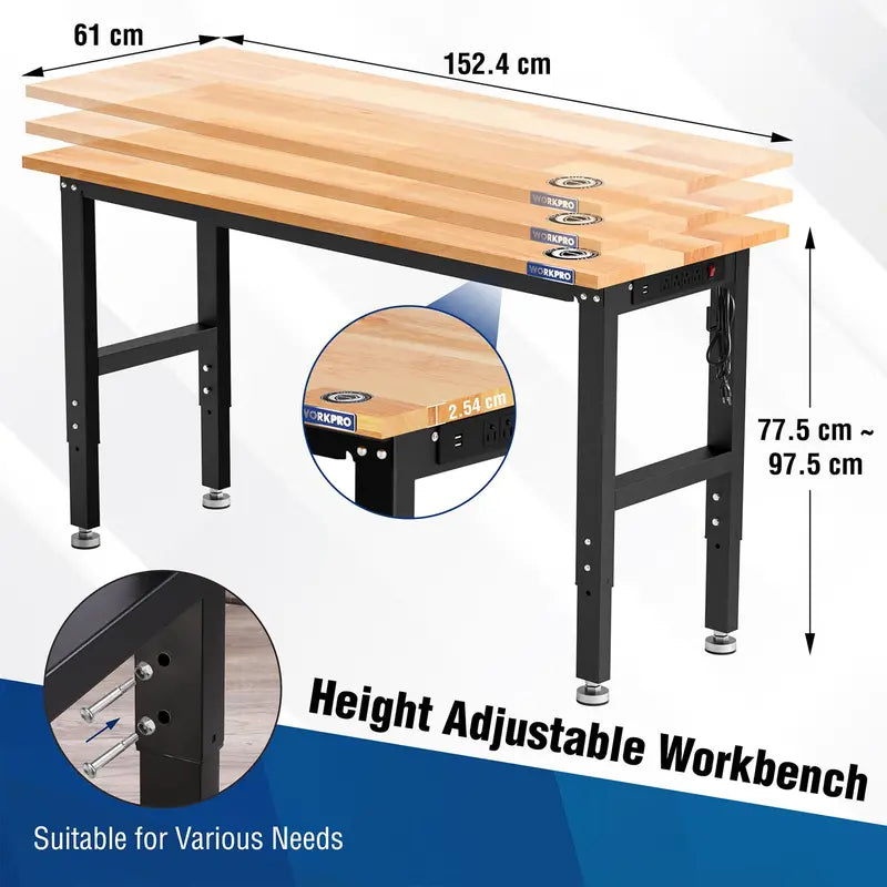 WORKPRO 60″ x 24″ Adjustable Workbench  1500-LB Capacity, Hardwood Top, Power Outlets