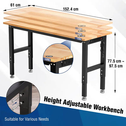 WORKPRO 60″ x 24″ Adjustable Workbench  1500-LB Capacity, Hardwood Top, Power Outlets