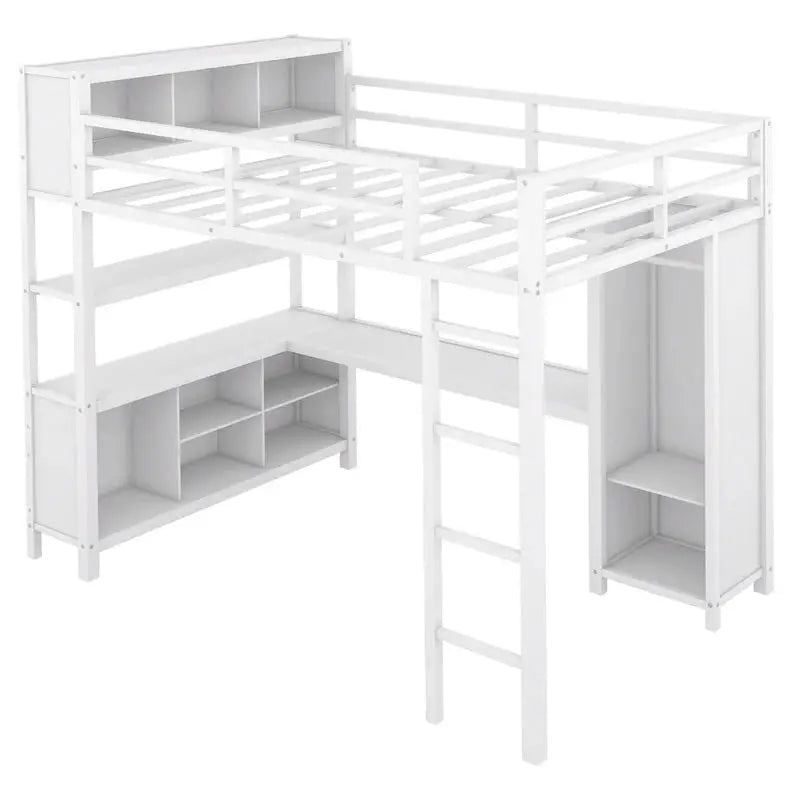 Off-White Metal Loft Bed with Under-Bed Desk and Closet Integration  Full-Size Space-Saving Solution
