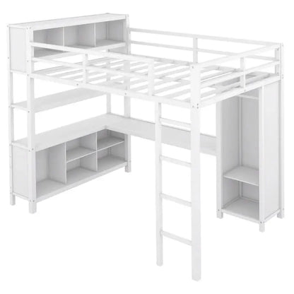 Off-White Metal Loft Bed with Under-Bed Desk and Closet Integration  Full-Size Space-Saving Solution