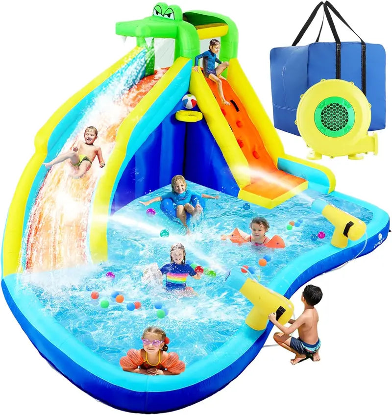 8-in-1 Inflatable Water Park for Kids: Bounce House, Slide, Climbing Wall, Splash Pool, Dual Water Cannons, Basketball Hoop & Crocodile Sprinkler  Includes 450W Blower