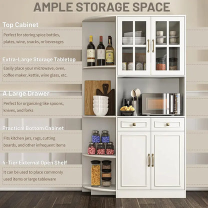 71″ Tall Kitchen Hutch Cabinet  Glass-Front Pantry Storage Unit with Open Shelving & Display Space
