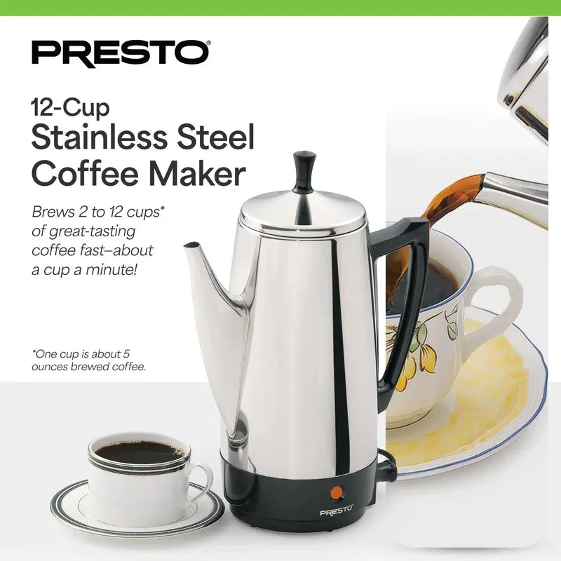 Presto 12-Cup Stainless Steel Percolator  Fast-Brewing Stovetop Coffee Maker (Silver)