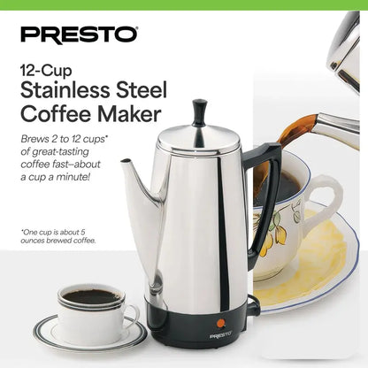 Presto 12-Cup Stainless Steel Percolator  Fast-Brewing Stovetop Coffee Maker (Silver)