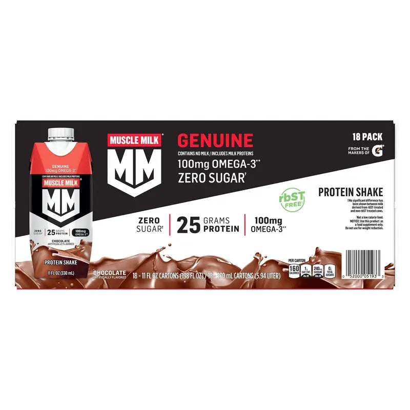 Muscle Milk Genuine Chocolate Protein Shake  11 fl oz Ready-to-Drink Bottle, 18-Pack for Post-Workout Recovery