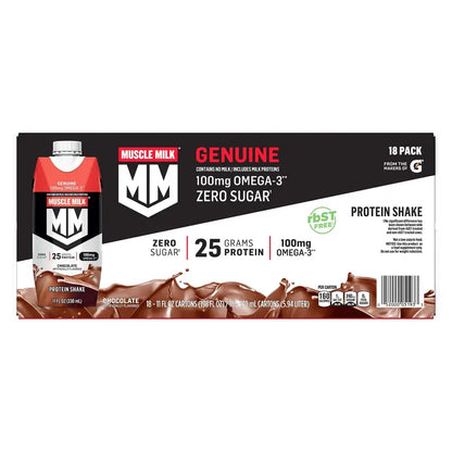 Muscle Milk Genuine Chocolate Protein Shake  11 fl oz Ready-to-Drink Bottle, 18-Pack for Post-Workout Recovery